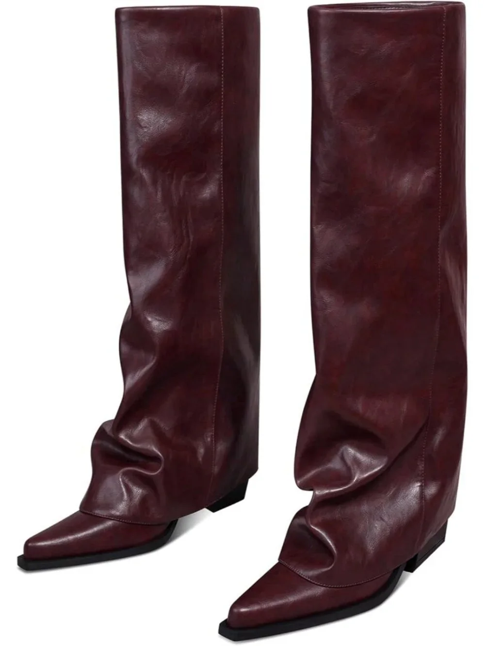 Women's Burgundy Chunky Heel Pointed Toe Fold Over Wide Calf Knee High Boots
